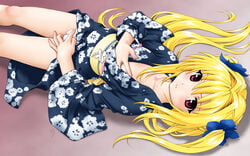 blonde_hair erect_nipples fuji_shinobu golden_darkness japanese_clothes kimono long_hair masturbation panties red_eyes tied_hair to_love-ru twintails underwear