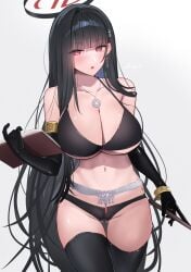 bare_shoulders bikini black_bikini black_gloves black_hair black_thighhighs blue_archive blush book breasts cleavage collarbone cowboy_shot earrings elbow_gloves female gloves gluteal_fold grey_background hair_ornament hairclip halo highres holding_object jewelry large_breasts long_hair looking_at_viewer millennium_science_school_student navel necklace open_mouth red_eyes rio_(blue_archive) seminar_(blue_archive) shougun_(chuckni1) simple_background solo stomach swimsuit thighhighs thighs