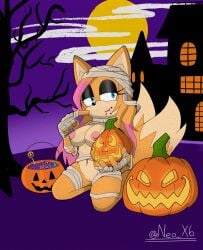 anthro areola breasts candy canid canine clothing costume dessert digital_media_(artwork) eating fan_character female fingers food fox fruit fur genitals hair halloween halloween_costume hi_res holding_object holding_pumpkin holidays jack-o'-lantern kneeling looking_at_viewer mammal mostly_nude mummy_costume mummy_wrappings navel neo_x6 nipples plant pumpkin pussy sega simple_background smile solo sonic_(series) sonic_the_hedgehog_(series) tail