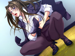 blue_eyes brown_hair cameltoe clothed clothed_female clothing female female_focus female_only formal_attire formal_clothes formal_wear game_cg glasses heels high_heeled_shoes high_heels jacket jacket_open legwear long_hair mature mature_female mature_woman megane milf necklace official_art open_mouth panties pantyhose peeing peeing_on_floor peeing_through_clothing purple_eyes shirt sitting_pee skirt solo solo_female solo_focus soukan_yuugi_2 souma_natsuki squatting topwear underwear urinating urinating_female urination urine urine_pool urine_stream yoshino_keiko