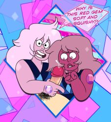 2girls amethyst_(steven_universe) cartoon_network chubby chubby_female english_text gem_(species) jerking lawgick precum purple_hair purple_skin steven_universe