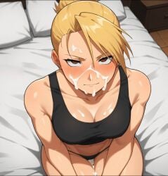 after_sex ai_generated blonde_hair blonde_hair_female blush cum_on_breasts cum_on_face cumshot_on_face fullmetal_alchemist fullmetal_alchemist_brotherhood left_alone_after_sex matronai_(artist) obedient_sub on_knees posing_for_picture posing_for_the_viewer riza_hawkeye smiling_at_viewer sports_bra submissive_female thong thong_panties