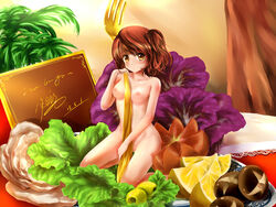 blush breasts brown_eyes brown_hair flowers food fruit lemon nipples nude original short_hair signed uncensored vagina yomi_yasou