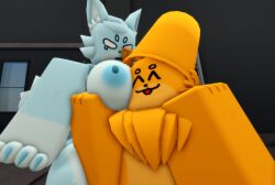 annoyed_expression anthro big_breasts blue_nipples breast_grab breast_squeeze breasts catte_(kaiju_paradise) female furry ghost_fox_(kaiju_paradise) happy_expression holding_breast kaiju_paradise male ravenuwu roblox self_upload