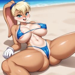 abs ai_generated beach bikini blonde_hair blush bunny_ears cameltoe furry furry_female huge_breasts lola_bunny sand