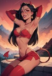 ai_generated demon_girl demon_horns demon_tail detached_sleeves disney halloween_costume hands_behind_head hands_in_hair lipstick looking_at_viewer naughty_face pocahontas red_bra red_eyeshadow red_skirt red_sleeves red_stockings red_thong stable_diffusion succubus volcano