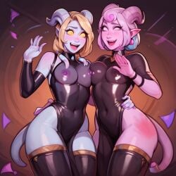 2girls ai_generated draenei ion latex revealing_clothes see-through_clothing spank_marks thighhighs yuri