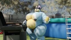 1boy 3d 3d_model 3d_render anthro ass bandit_heeler bara bara_tiddies bara_tits beer belly big_ass big_butt big_pecs bluey_(series) bluey_(show) canid canine codans daddy dilf fat_belly furry grill grilling humanoid kemono large_pectorals male male_breasts male_only manboobs mature_male moobs muscular muscular_legs muscular_male muscular_thighs outdoors thick_thighs thong thong_only