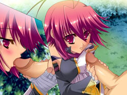 antenna_hair blush female game_cg hongou_kazuto katagiri_hinata koihime†_(series) koihime_musou outdoors penis pink_eyes pink_hair red_eyes ryofu_housen_(koihime) short_hair tattoo