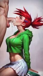 ai_generated bimbo blowjob covered_in_cum cum drool erect_penis foster&#039;s_home_for_imaginary_friends frankie_foster hoodie kneeling male_present mouthful red_hair swallowing_cum teenage_girl teenager