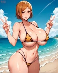 ai_generated athletic_female bare_legs beach bikini bikini_top brown_eyes cheetah_print eroero_waifus gigantic_breasts huge_breasts huge_thighs jujutsu_kaisen kugisaki_nobara light-skinned_female light_skin massive_breasts orange_hair peace_sign short_hair shounen_jump solo_female squatting sweat sweatdrop thick_thighs thighs voluptuous voluptuous_female