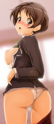 ass blush bra bra_pull breasts brown_hair cameltoe chuunibyou_demo_koi_ga_shitai! cum cum_in_mouth cum_on_body cum_on_breasts cum_on_upper_body female female_only from_behind high_resolution large_breasts lingerie looking_at_viewer looking_back nanashi_noiji nipples open_clothes open_mouth panties red_eyes school_uniform short_hair solo tsuyuri_kumin underwear white_bra white_panties