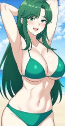 1girls ai_generated beach big_breasts cloud green_bikini green_eyebrows green_eyes green_hair light-skinned_female sea sky smile