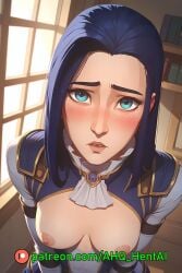 1girls ahq_hentai ai_generated arcane arcane_caitlyn blue_hair blush breasts caitlyn_kiramman dress exposed_breasts league_of_legends medium_breasts nipples nsfw shy solo_female stable_diffusion