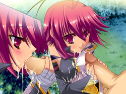 antenna_hair blush female game_cg hongou_kazuto katagiri_hinata koihime†_(series) koihime_musou outdoors penis pink_eyes pink_hair red_eyes ryofu_housen_(koihime) short_hair tattoo