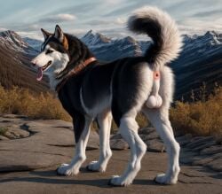 ai_generated alaskan_malamute ass black_fur black_lips blp blue_sky brown_fur canid cheek_tuft cloud collar day detailed_background detailed_fur ears_up feral fluffy_fur fur_markings glistening_eyes inner_ear_fluff long_snout long_tongue male male_only mountains multicolored_fur open_smile outside pink_anus pink_nose pink_tongue quadruped raised_tail rock shrub solo_focus standing sunlight tongue_out whiskers white_balls white_butt white_fur white_perineum