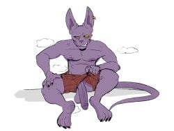 4:3 balls beerus bodily_fluids bottomwear claws clothing digital_drawing_(artwork) digital_media_(artwork) dragon_ball dragon_ball_super ear_piercing ear_ring foreskin genitals hi_res male musk musk_clouds penis piercing purple_body ring_piercing shorts simple_background solo stinkdierr sweat tail white_background