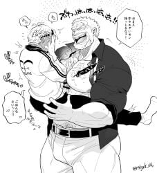 balls bara beard boner bulge cum cum_on_chest cum_on_pecs erection facial_hair flaccid gay grey_hair koby_(one_piece) lifting_person male male_only monkey_d_garp monochrome muscles muscular old_man one_piece orgasm pecjob penis redjack_036 size_difference speech_bubble