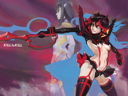 2girls black_hair blue_eyes breasts female female_only garter_straps gloves highlights hourglass_figure kill_la_kill kiryuuin_satsuki matoi_ryuuko navel panties scissor_blade senketsu skirt suspenders sweatdrop thighhighs two_tone_hair underboob weapon zealk