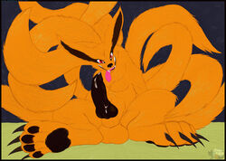 anthro anthro_only balls big_penis black_penis canine canine_penis dingo_(artist) erection feral fox knot kurama looking_at_viewer male male_only multiple_tails naruto no_humans nude pawpads penis red_eyes sitting solo tongue tongue_out video_games