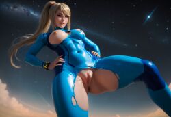 ai_generated bodysuit breast_exposed curvy_body exposed exposed_pussy from_below_view pussy samus_aran solo thick_thighs torn_bodysuit torn_clothes zero_suit_samus