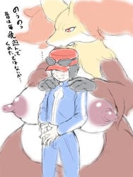 anthro big_breasts blush breasts calem_(pokemon) canine delphox female fennec fox generation_6_pokemon gotobeido human japanese_text long_nipples mahoxy male male_human/female_anthro male_human/female_pokemon nintendo pokemon pokemon_(species) pokemon_xy text translated video_games