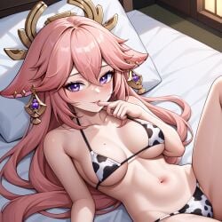 ai_generated bed bikini breasts female genshin_impact pink_hair purple_eyes yae_miko