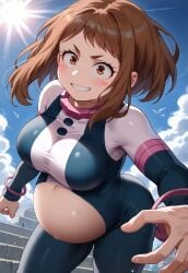 ai_generated bare_belly big_belly big_breasts my_hero_academia ochako_uraraka ochako_uraraka_(hero_outfit) pregnancy pregnant pregnant_belly ready_to_pop uraraka_ochako uraraka_ochako_(hero_outfit)