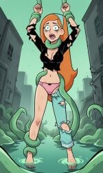 ai_generated ass bigmic145 black_shirt blue_eyes breasts cleavage corruption danny_phantom defeated defeated_heroine female hairband jazz_fenton jeans medium_breasts navel nickelodeon orange_hair panties restrained ripped_clothing ripped_pants sex sexually_suggestive shirt tentacle tentacle tentacle_rape tentacle_sex