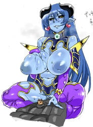 astaroth_(shinrabanshou) black_sclera blue_hair blue_skin breasts clothing demon_girl earrings female horns huge_breasts inverted_nipples jewelry large_breasts nipples penis pointy_ears shinrabanshou stockings straddling thighhighs timaturixp yellow_eyes