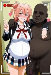 1boy 1boy1girl 1girl ai_generated arm_around_neck cheating cheating_girlfriend dark-skinned_male faceless_male fat_man female girthy_penis grin hairy_male heart interracial large_breasts large_penis looking_at_viewer my_teen_romantic_comedy_snafu netorare peace_sign pregnant recording school_uniform straight testicles veiny_penis waroffree yuigahama_yui