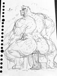 anthro balls bara barazoku bear big_penis boner dildo dildo_in_ass erection fumimimimidory furry kumatetsu long_penis male male_only monochrome muscles muscular nude penis solo solo_male sweat sweating the_boy_and_the_beast traditional_media_(artwork) ursid