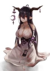 antenna_hair bandaged_arm bandages bare_shoulders black_hair blood blood_on_clothes blood_on_dress breasts cleavage crescent danua draph dress female fingerless_gloves gloves granblue_fantasy hair_between_eyes highres horn_ornament horns jewelry large_breasts long_dress long_hair necklace pointy_ears red_eyes sayuumigi sitting sleeveless sleeveless_dress solo white_background white_dress