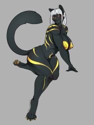 3:4 absurd_res anthro ashra-nour blush breasts felid feline female hair hi_res illy._.bean looking_at_viewer mammal markings muscular muscular_female nipples pawpads pinup pose sitting smile solo thick_thighs white_hair yellow_nipples