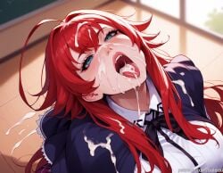 after_fellatio after_oral ahoge ai_generated balecxi blue_eyes classroom cum cum_in_mouth cum_on_breasts cum_on_face cum_on_hair from_above high_school_dxd huge_breasts red_hair rias_gremory school_uniform