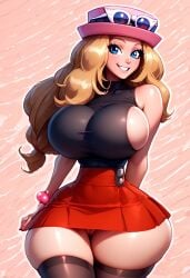 ai_generated blonde_hair bubble_butt eclr huge_ass huge_breasts lifting_skirt nintendo no_panties pokemon pussy serena_(pokemon) sideboob thick_thighs thighhighs thin_waist