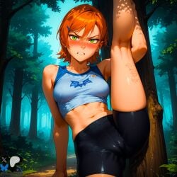 ai_generated ben_10 bike_shorts blush cameltoe crop_top female forest_background green_eyes gwen_tennyson legs_up minokai navel orange_hair self_upload tsundere