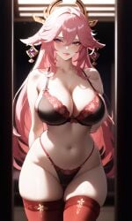 ai_generated big_breasts bra genshin_impact panties pink_hair purple_eyes yae_miko