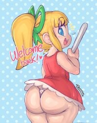 ass blonde_hair blue_eyes capcom female_focus looking_back mega_man micro_panties panties roll round_ass