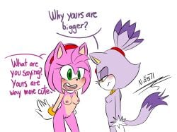 amy_rose anthro areola blaze_the_cat blush breast_size_difference breasts clothing dialogue digital_media_(artwork) domestic_cat duo english_text eulipotyphlan felid feline felis female female/female fur genitals gloves green_eyes hair handwear hedgehog hi_res mammal ninotrash nipples nude open_mouth pink_body purple_body purple_fur pussy sega simple_background small_breasts sonic_(series) sonic_the_hedgehog_(series) standing tail teeth text