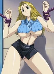 00s 2003 anime_screenshot areola_slip black_skirt blonde_hair breasts brown_hair female highres large_breasts long_hair miniskirt nami_koishikawa nami_sos! nipples panties skirt solo stitched tagme tentacle third-party_edit underwear