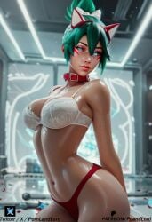 ai_generated big_ass big_breasts bra cameltoe cat_ears fox_ears kiriko_(overwatch) kitsune overwatch overwatch_2 pornlandlord shorts thick thick_thighs wet