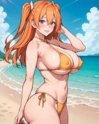 2.5_jigen_no_ririsa ai_generated amano_ririsa bare_legs beach big_ass big_breasts big_butt bikini bikini_top blue_eyes erect_nipples eroero_waifus fat_ass huge_breasts huge_thighs light-skinned_female light_skin liliel_(cosplay) long_hair looking_at_viewer massive_breasts orange_hair peace_sign shounen_jump+ smiling solo_female squatting sweat sweatdrop thick_body thick_female thick_thighs thighs twintails voluptuous voluptuous_female