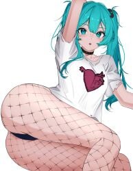 :o black_panties blue_eyes blue_hair fishnet_legwear fishnets hatsune_miku heart light-skinned_female long_hair panties rainenleaf raised_arm spike_collar thighs thighs_together vocaloid white_background white_shirt