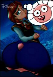 anna_(frozen) big_butt big_hips big_penis black_legwear blue_background blue_dress blue_skirt buttjob cara_confused confused.com covered_buttjob crossover disney disney+ disney_princess dry_humping edit edited frozen_(film) futanari hips speech_bubble through_clothes weird_crossover