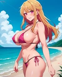 ai_generated athletic_female bare_legs beach big_breasts bikini bikini_top blonde_hair eroero_waifus hoshino_ruby huge_breasts huge_thighs light-skinned_female light_skin long_hair looking_at_viewer massive_breasts oshi_no_ko pink_eyes shounen_jump+ smiling solo_female squatting star-shaped_pupils sweat sweatdrop thick_thighs thighs voluptuous voluptuous_female