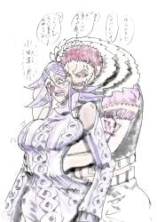 1girls aogiri11daikon big_breasts big_nose breasts brother_and_sister charlotte_brulee charlotte_katakuri female female_focus fondling fondling_breast huge_breasts incest japanese_text male one_piece purple_hair siblings sweater sweater_dress あおぎり大根