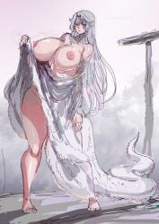 crossbreed_priscilla dark_souls dragon dragon_girl exposed_breasts fluffy_tail fromsoftware fur fur_coat giantess large_breasts lemonbizate_(artist) monster_girl orange_eyes scales tail thick_thighs undressing white_fur white_hair white_scales