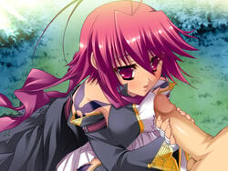 antenna_hair blush female game_cg hongou_kazuto katagiri_hinata koihime†_(series) koihime_musou outdoors penis pink_eyes pink_hair red_eyes ryofu_housen_(koihime) short_hair tattoo