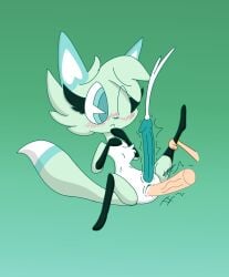 anthro arctic_fox blush blush_lines bodily_fluids canid canine chest_tuft chikn_nuggit cum cum_in_pussy cum_inside cum_on_penis cumshot duo ejaculation eyelashes fox fur genital_fluids genitals green_body green_eyes green_fur green_hair green_penis green_pussy hair herm herm/male hi_res hindpaw intersex intersex/male light_body light_fur looking_at_another male mammal on_model paws penetration penis pussy sex simple_background sitting slushi_(chikn_nuggit) smile solo_focus spread_legs spreading tail throbbing throbbing_penis toddjackjuster true_fox tuft vaginal_fluids vaginal_penetration vaginal_penetration